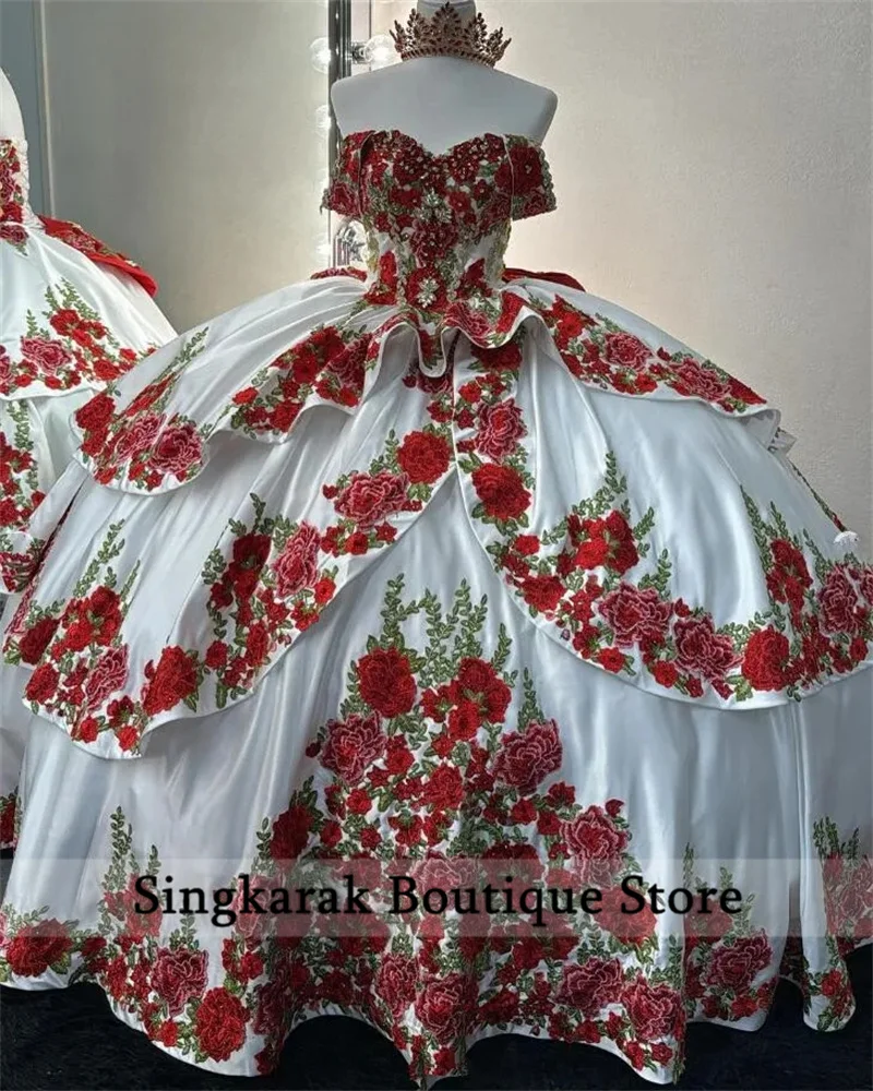 Vestido De quinceañera blanco mexicano 2024, Vestido De baile con flores rojas, apliques De cuentas y cristales, Vestido dulce 16, Vestido De 15 personalizado