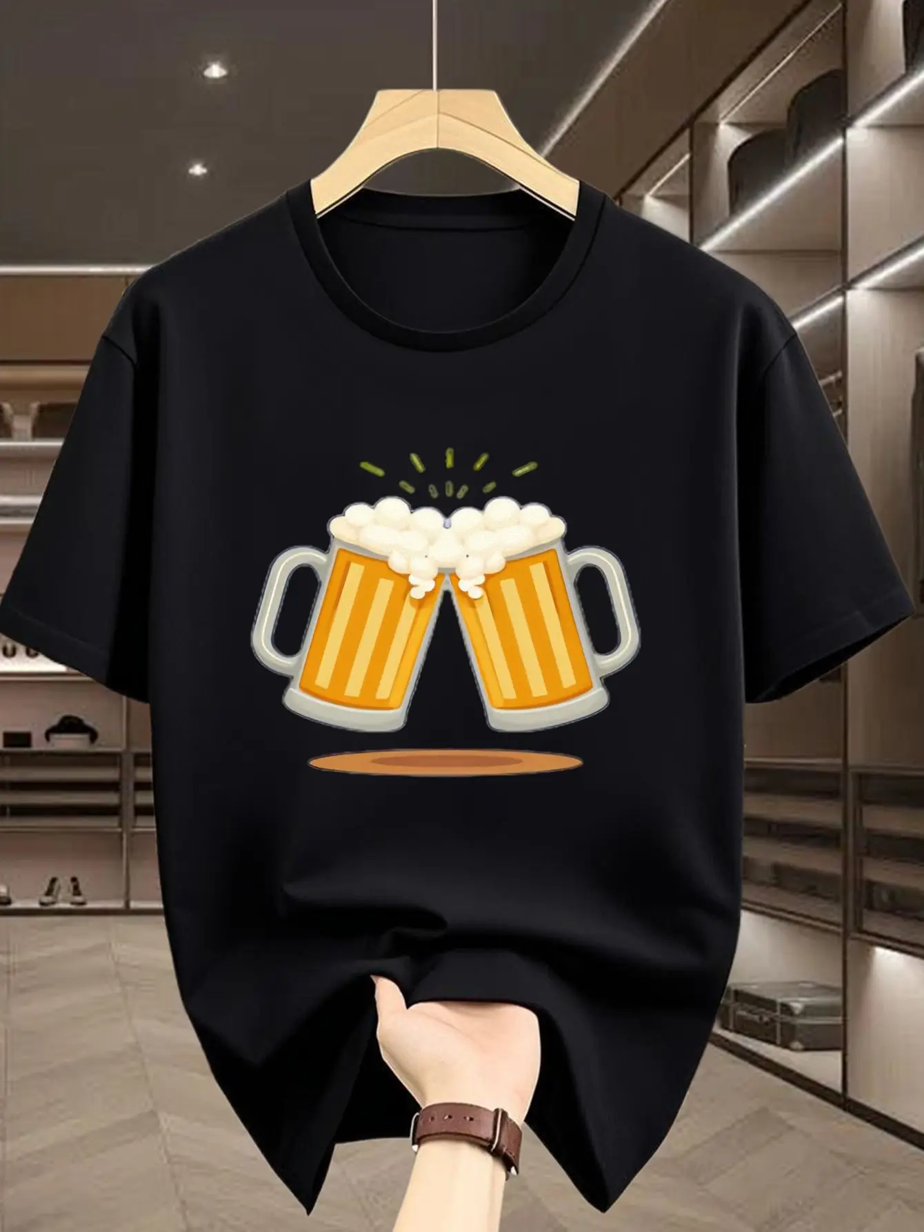 Cartoon Toasting Foamy Beer Mugs Print Mens Short Sleeve Tshirt Crew Neck Drinking Theme Casual Outdoor Daily Comfort Wear