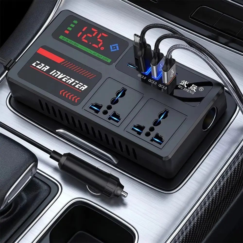 DC 12V/24V to AC 220V Car Inverter Power Adapter Digital Display QC3.0 Car Converter 3 USB Ports Double Type-c