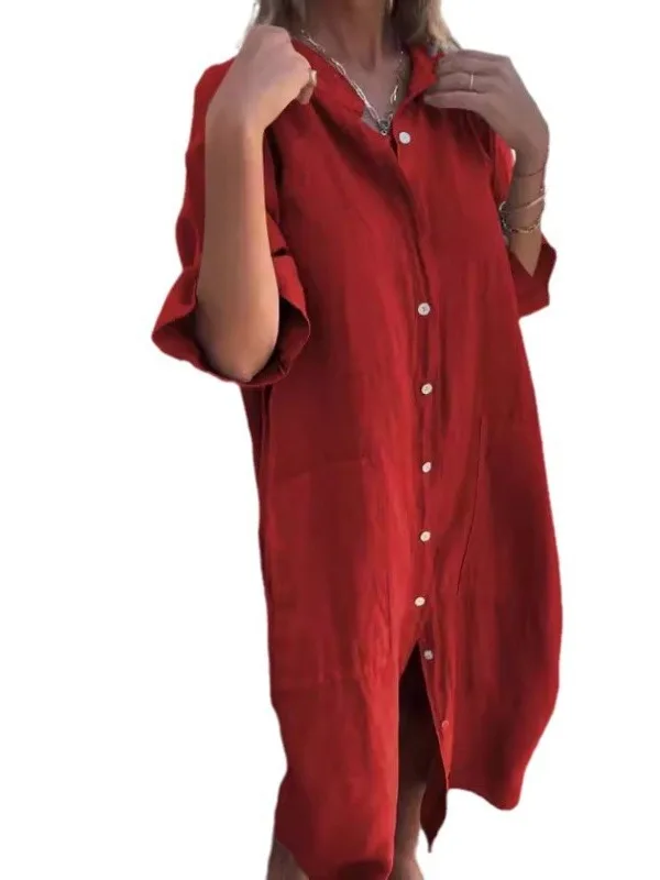 レディースカジュアルミッドスリーブシャツドレス綿麻春シーズン薄手生地通勤スタイルルーズウエストその他素材00%