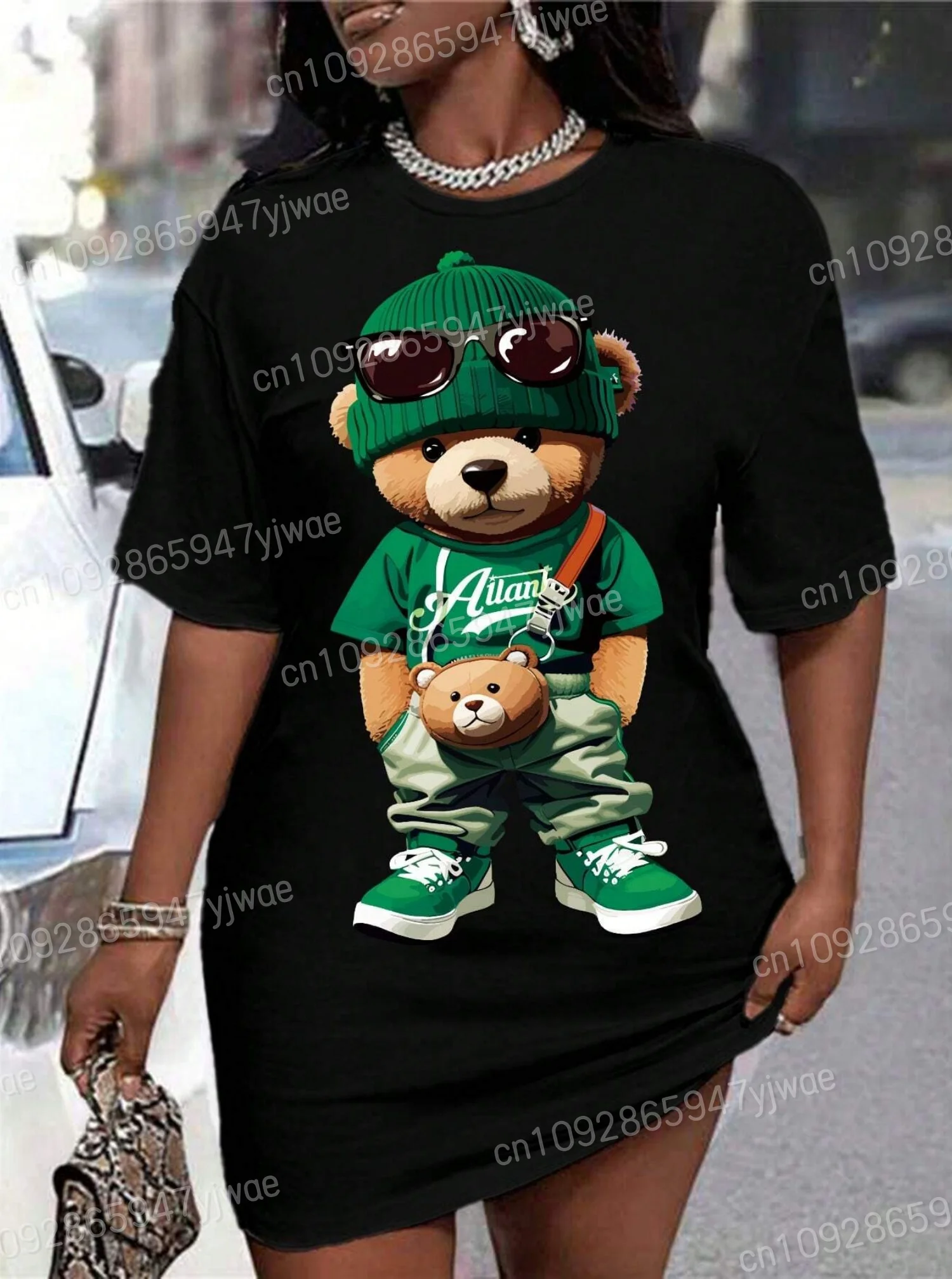 2023 sommer Neue Frauen T-Shirt Kleid Lose Beiläufige Cartoon Bär Oansatz Dame Kurzarm Pullover Kleider Frauen Kleidung