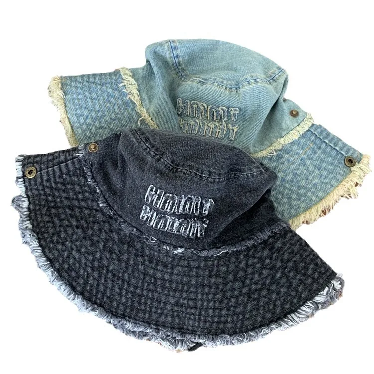 Vintage Washed  Denim Bucket Hat Women Cowboy Style Letter Breathable Cotton Summer Sun Visors Cap  Floppy Brim Panama Cap Women