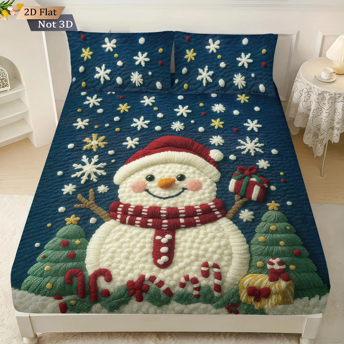 3pcs Merry Christmas Snowman Print Coreless Bed Sheet Set Multiple Size Comfortable Bed Cover Bedroom Bedding Holiday Decoration
