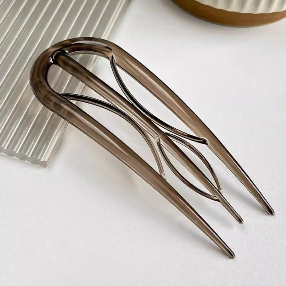 Elegant Acetate U-shaped Hair Stick Multi-pronged Leopard Print Hair Fork Geometric Hairpin Updo Styling