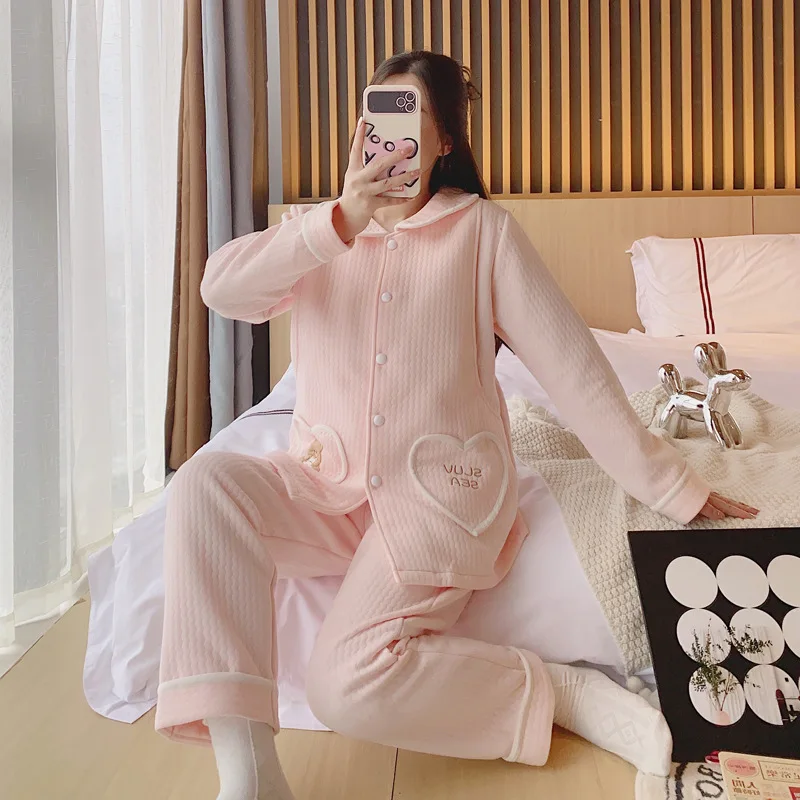 Autumn Winter Thicken Warm Cotton Padded Maternity Nursing Sleepwear Sets Cute Feeding Pajamas Suits Clothes for Pregnant Women