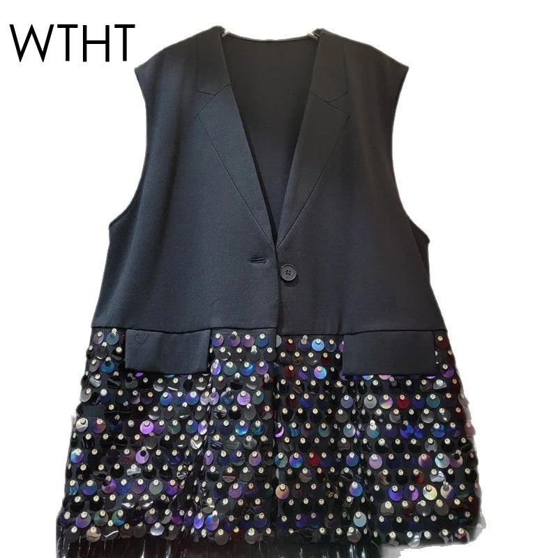WTHT Trendy 2025 Summer Women‘s Spliced Sequins Design V-neck Vest Fashion Single Button Sleeveless Waistcoat Female 1LS1668