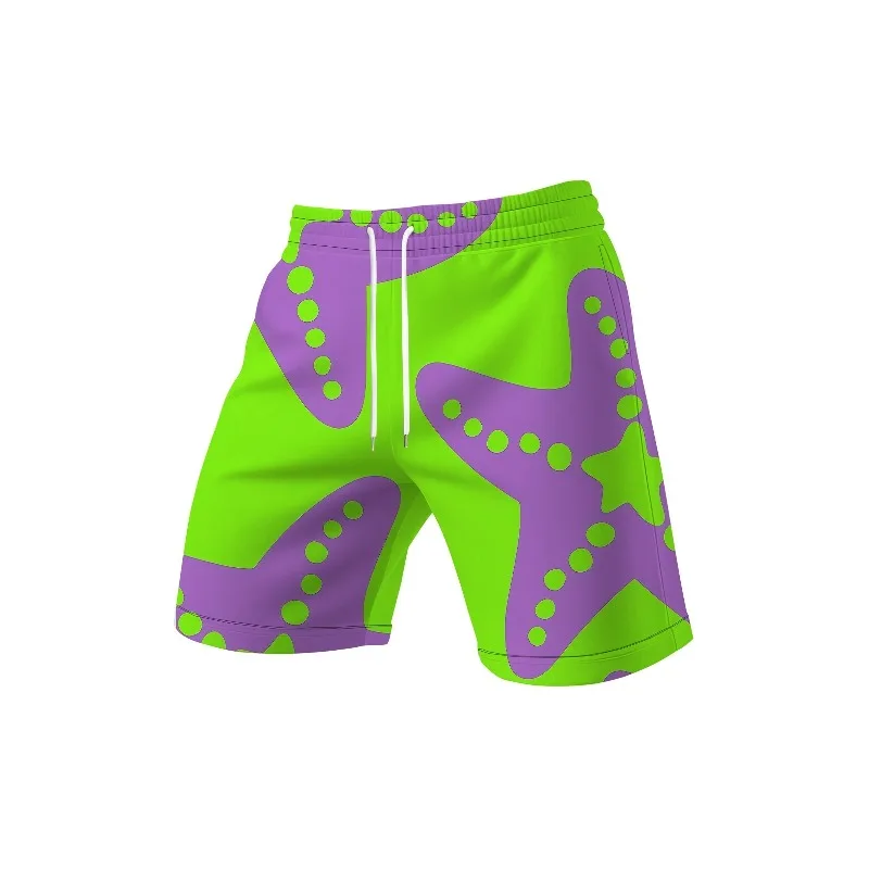 

Purple Green Starfish Printed Casual Shorts for Summer, Loose and Sporty Five Quarter Shorts, Worn As Outerwear Shorts