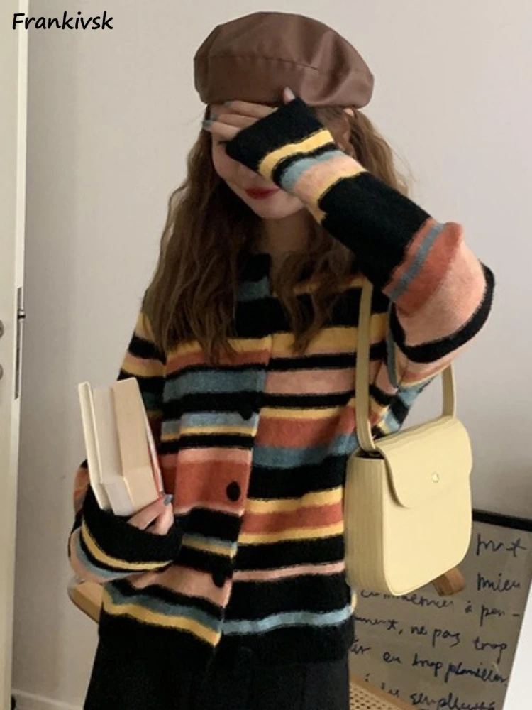 

Rainbow Striped Cardigan Women Fashion Schoolgirl Soft Chic Sweet Leisure Streetwear News Colorful Korean Style Popular Advanced