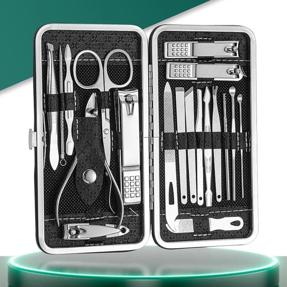 19-częściowy prosty zestaw obcinaczy do paznokci ze stali nierdzewnej, domowe zestawy do manicure, pielęgnacji stóp, skórzany futerał, narzędzie do szlifowania paznokci, prezent