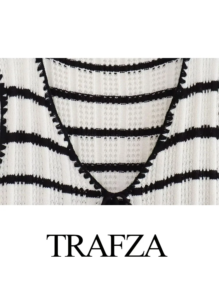 TRAFZA Women Summer 2 Piece Suit Black And White Striped V-Neck Lace-Up Tops+WomanKnitted High Waist Wide Leg Pants Set Traf