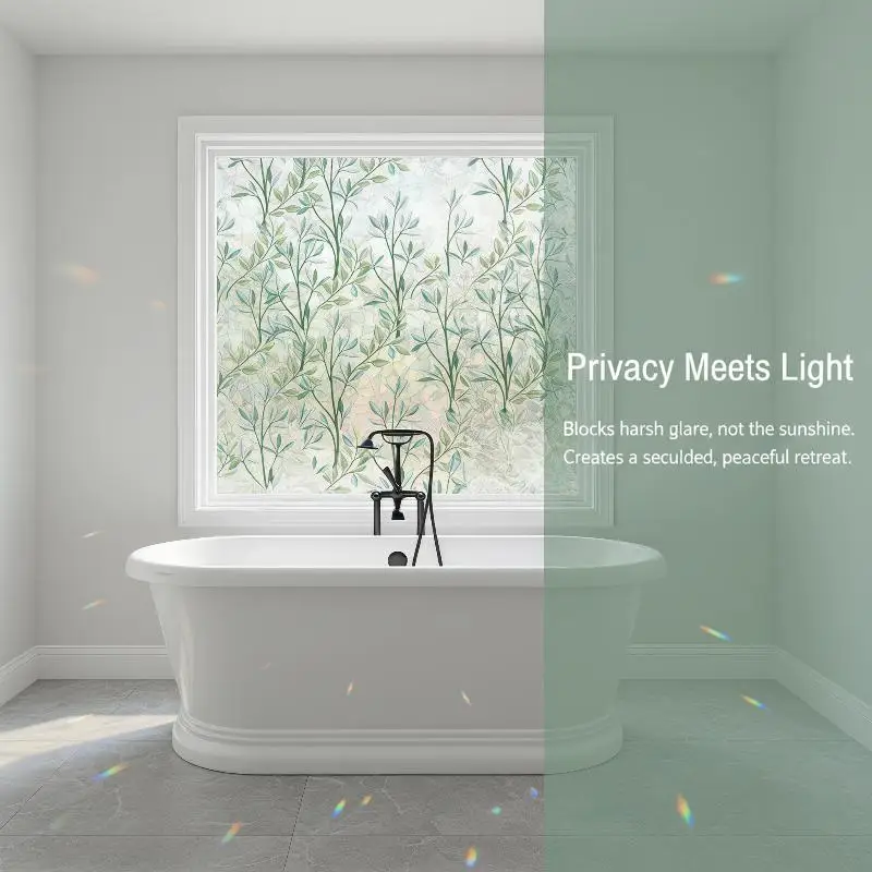 Static Cling Stained Glass Window Film Green Leaf Pattern Privacy Protection Light Transmitting For Home Kitchen Office Bathroo