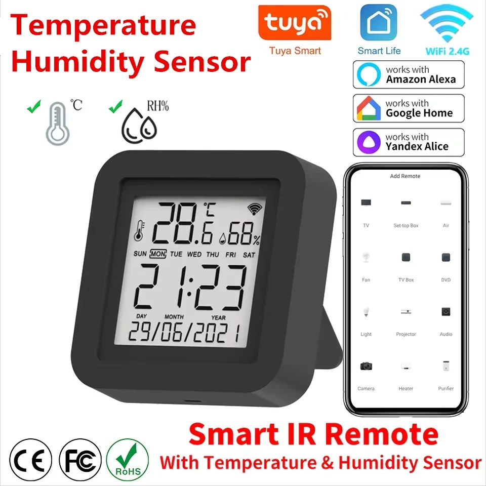 

Tuya Smart Universal IR Remote With Temperature Humidity Sensor for Air Conditioner TV Works with Alexa Google Home Yandex