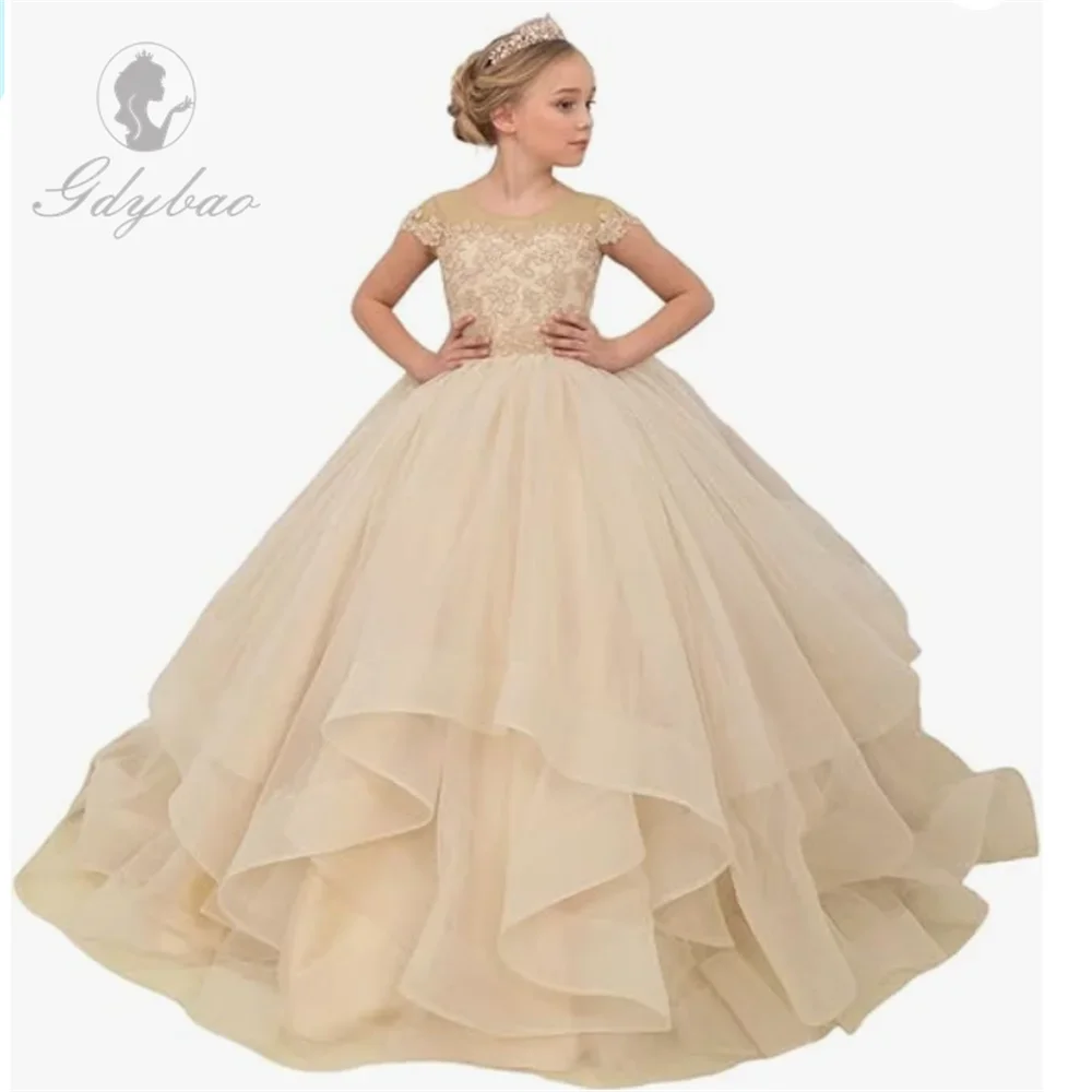 A + vestido de tul con Apliques de encaje para niña, vestidos de desfile de princesa de manga corta, vestidos de fiesta, vestido de princesa para niña de boda