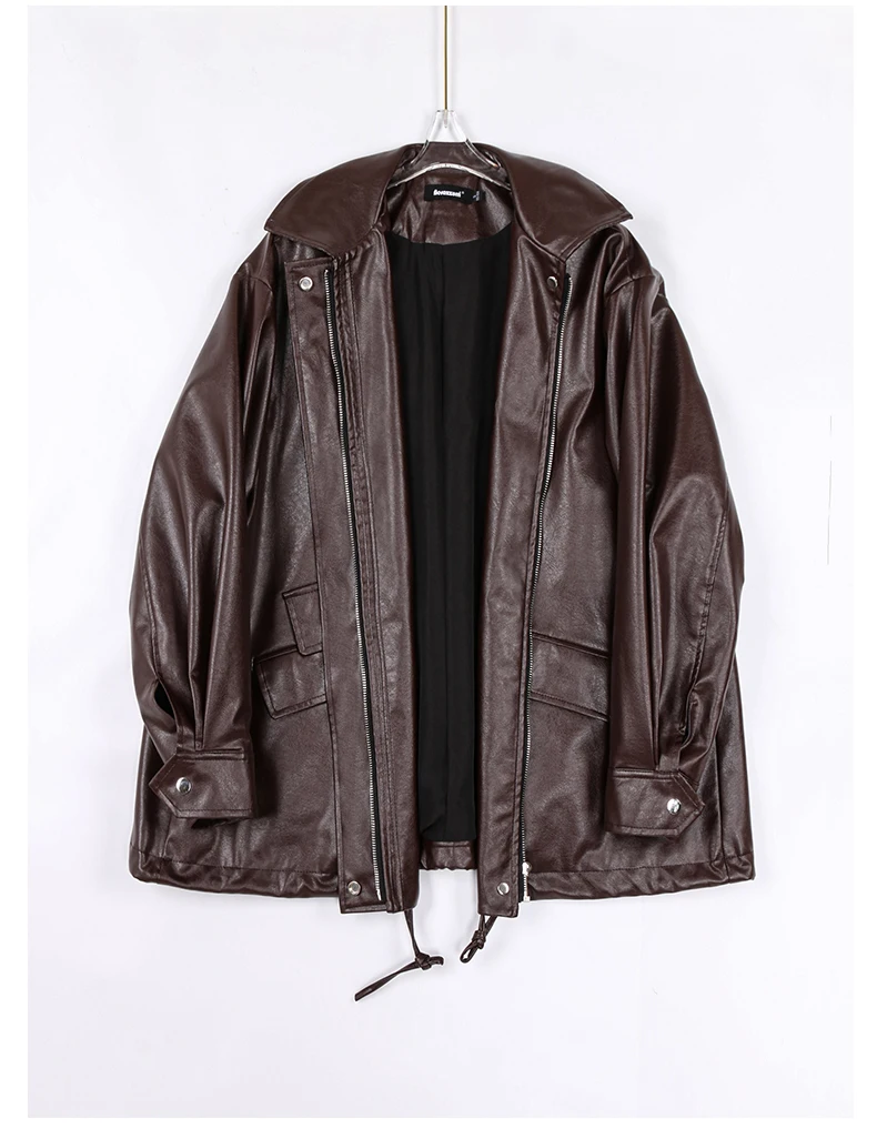 Lautaro Spring Autumn Oversized Casual Waterproof Black Soft Pu Leather Jacket Women with Drop Shoulder Long Sleeve Fashion 2022