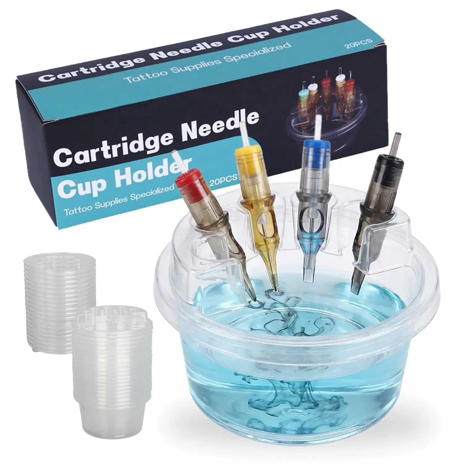 20 Sets Cups Cartridge Needle Cup Holder -NarkasyTransparent Plastic Needle Holder Disposable Ink Cleaning Cup StandTray