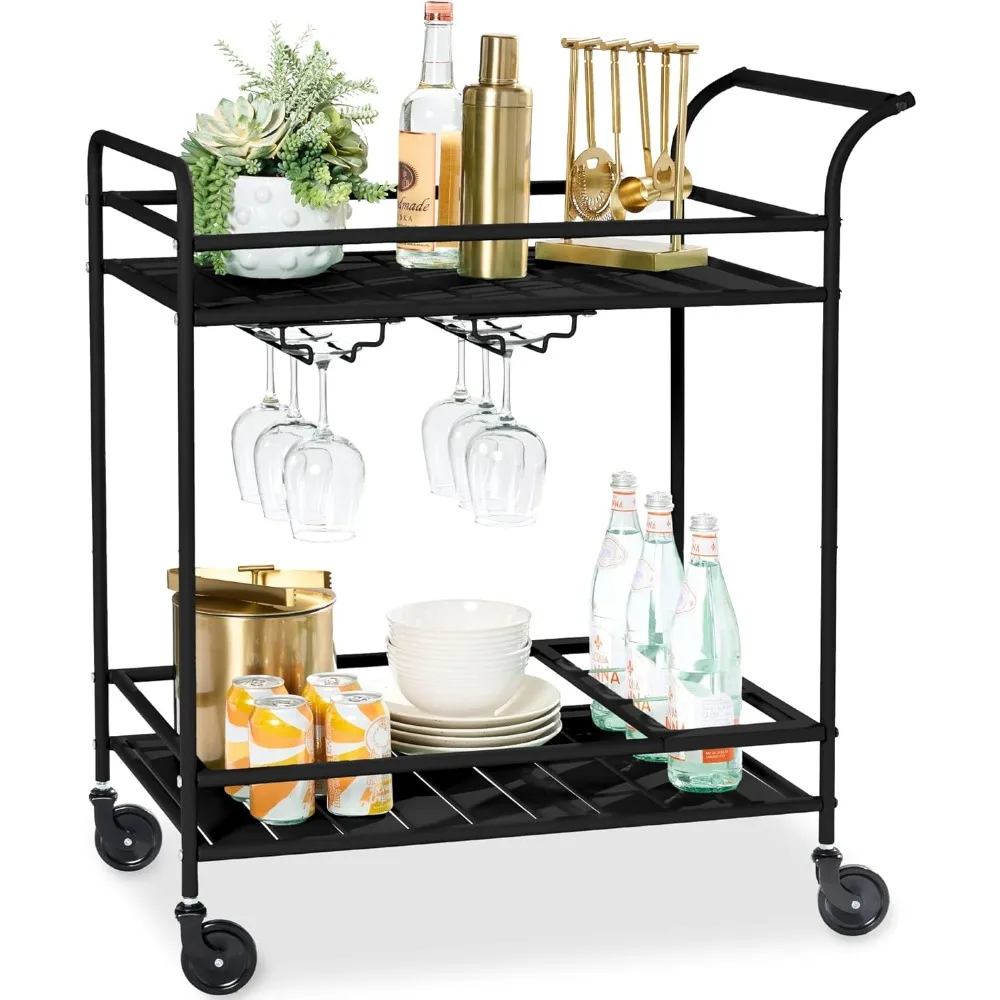 

Outdoor Mobile Patio Bar Cart, Home Bar Serving Cart, BBQ Side Table w/ 2 Tier Storage, Wine Rack, Lockable Wheels - Black