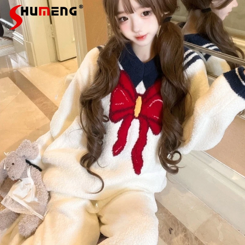 

Зимние милые мягкие рождественские пижамные комплекты для девочек, домашняя одежда в студенческом стиле, костюмы, женская утолщенная флисовая одежда для сна в японском стиле