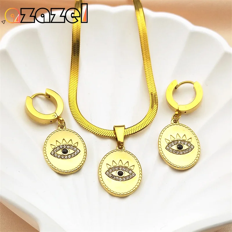 

Vintage Rhinestone Devil Eye Oval Pendant Jewelry Set For Women Men Stainless Steel Gold Color Black Eye Necklace Earring Sets