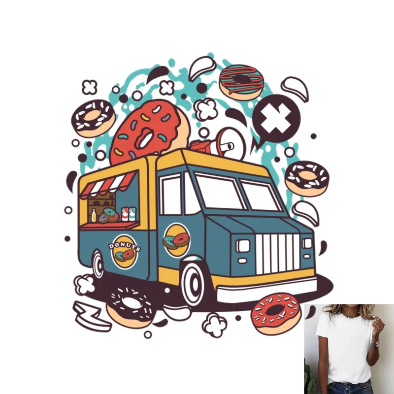 Fun Donut Food Truck Heat Transfer White Ink Iron - on, Trendy Cartoon Style, Suitable for T - Shirts/Canvas Bags, Versatile