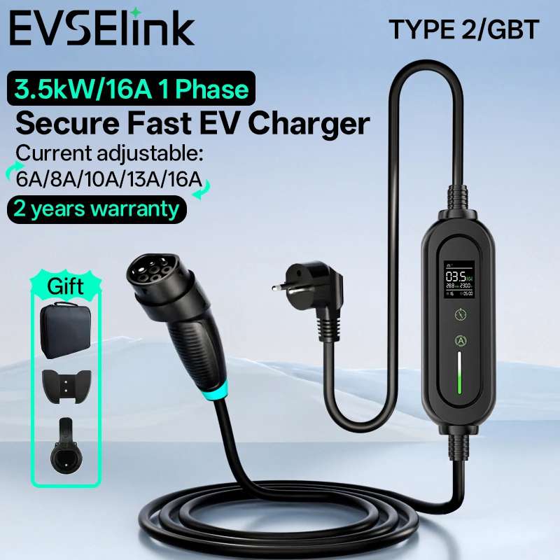 

EVSELink Portable Ev charger electric car charger cargador coche type2 GBT 3.5kW 16A 1Phase 3.5M 5M