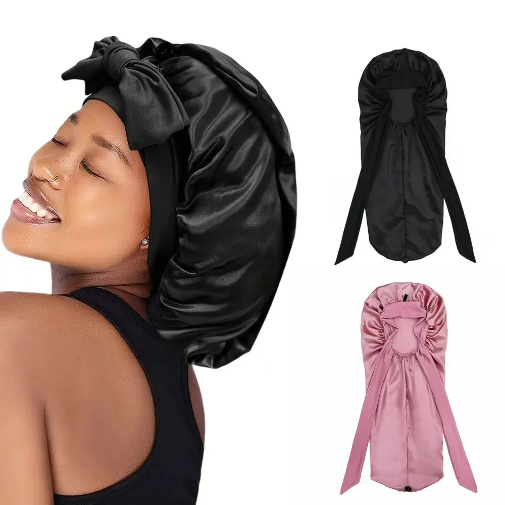 

2pcs Long Satin Bonnets with Tie Band Large Braid Silk Bonnet Hair Cap for Curly Hair Women Sleeping