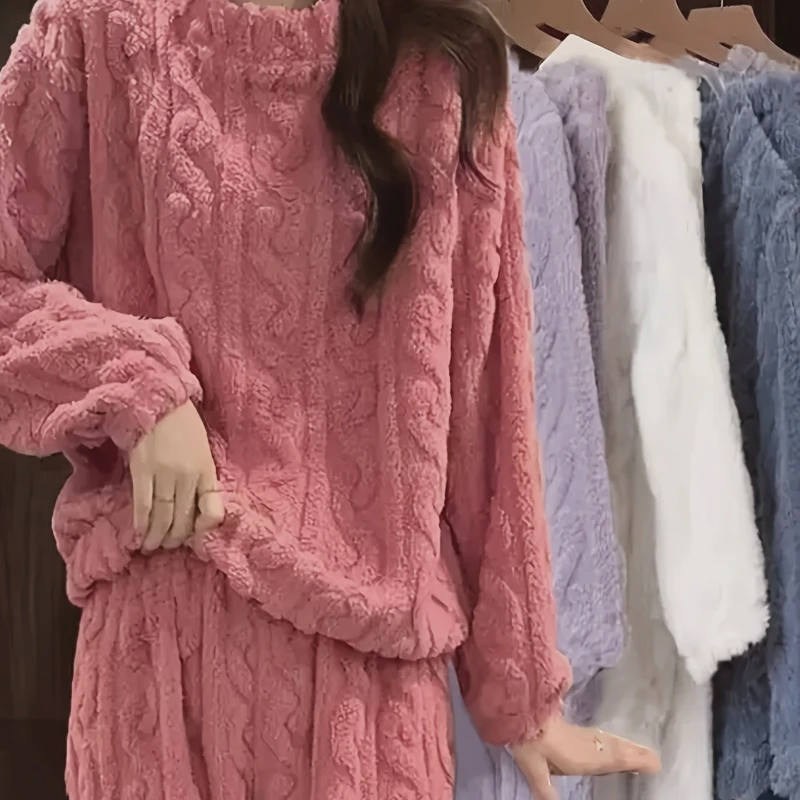 

Женский зимний коралловый бархатный пижамный комплект, утолщенная пушистая домашняя одежда из двух предметов с круглым вырезом, домашняя одежда, пижамы для холодной погоды