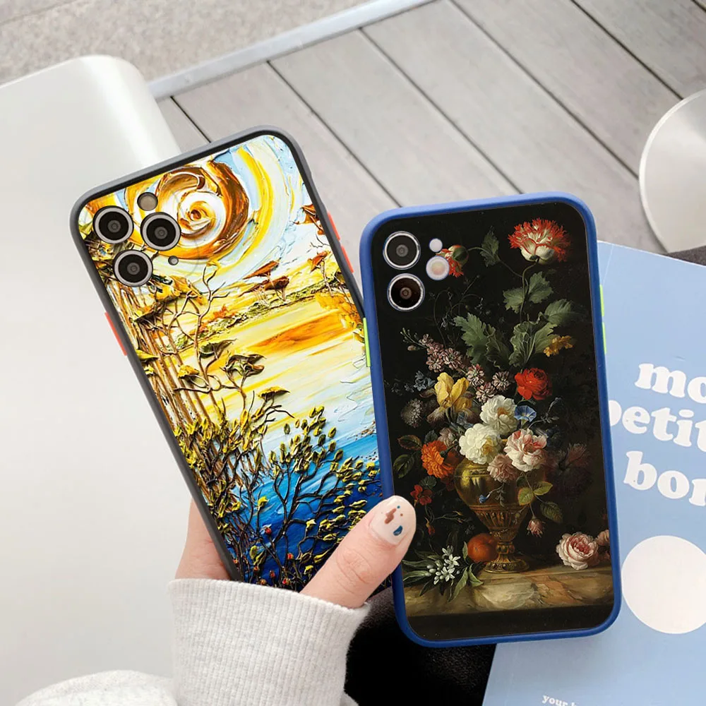 Phone Case for iphone 16Plus 15 14 13 12 11 16 Pro Max 8 7 Plus XS XR X SE Chrysanthemum Maple Leaves Oil Art Translucent Cover