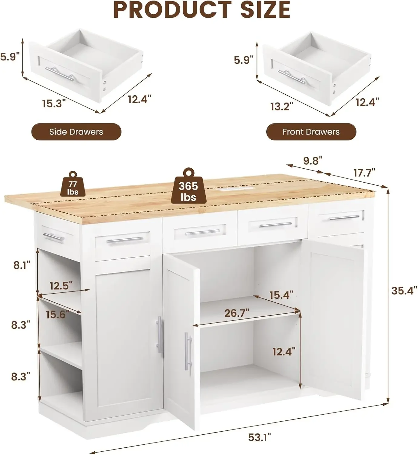53'' Rolling Kitchen Island with Power Outlet, Drop Leaf & Trash Can | Kitchen Island with Storage, Island Cart on Wheels