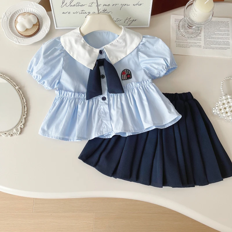 Girls' Short Skirt Set Summer New Girls' Small Square Collar Shirt + Short Skirt College Style Two-piece Set