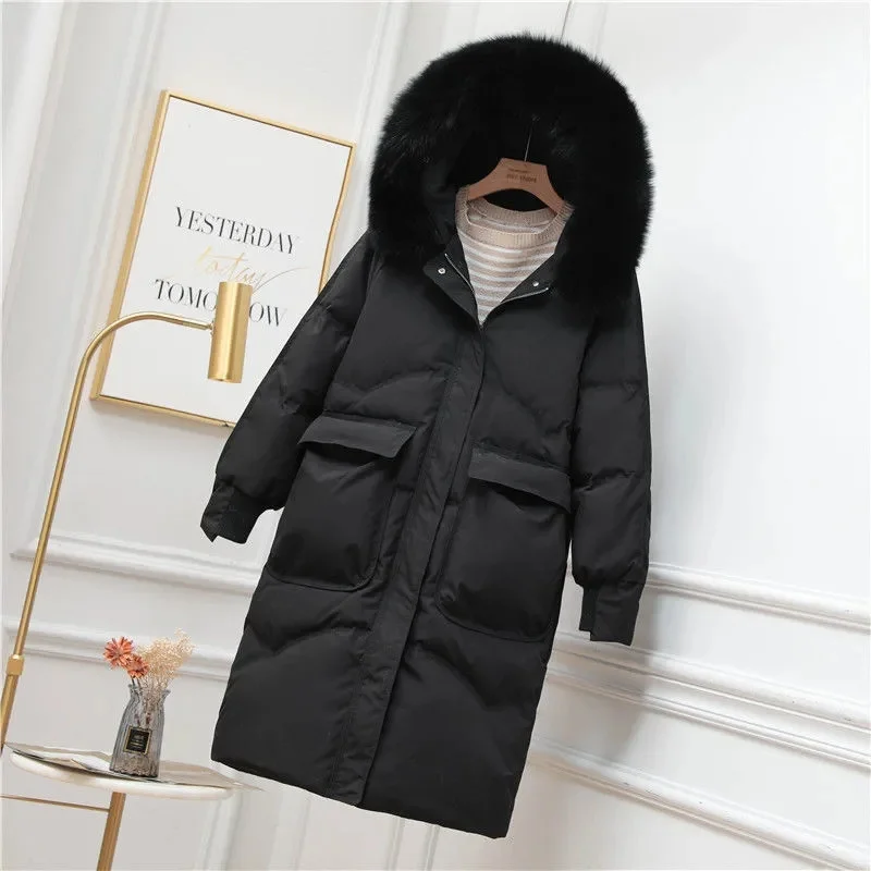 2024New Fox Fur Collar Down Jacket Women Mid-Length Cotton Coat Thickened Loose White Duck Down Over The Knee Jackets Female Top