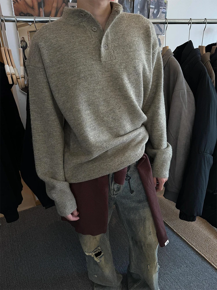 

Мужской вязаный свитер в американском ретро-стиле с воротником Хенри, осенне-зимний, модный, в стиле Old Money, с длинным рукавом, базовый топ