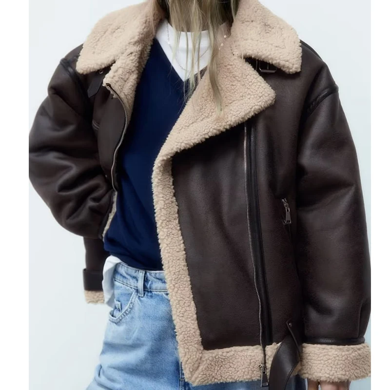 Woman Jacket Autumn Winter New Fashion Thick Warm Faux Shearling Jacket Coat Vintage Long Sleeve Outerwear Casual Tops