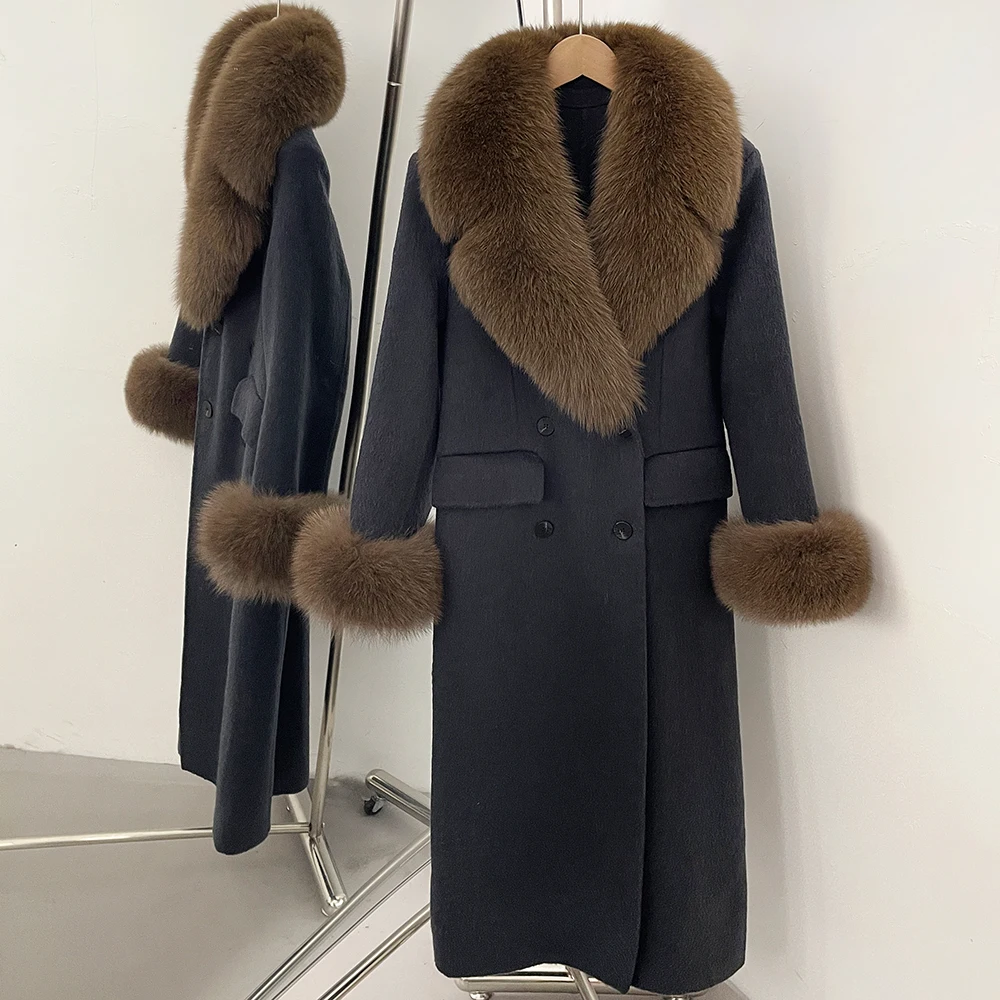 Women's Wool Coat Oversized Long Wool Coat with Fox Fur Collar Cuffs Double Breasted Warm Winter Luxury Elegant for Office Wear