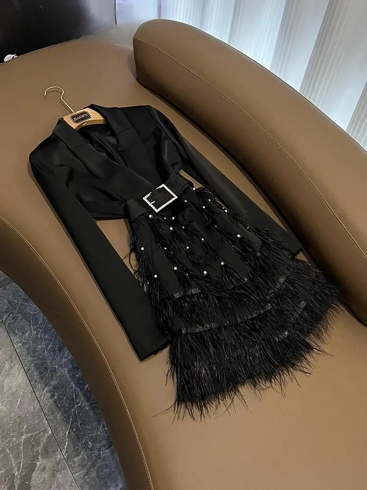 

High Quality Solid Temperament Dresses For Women Lapel Long Sleeve Patchwork Feathers Sashes Slimming DressFemale пиджак