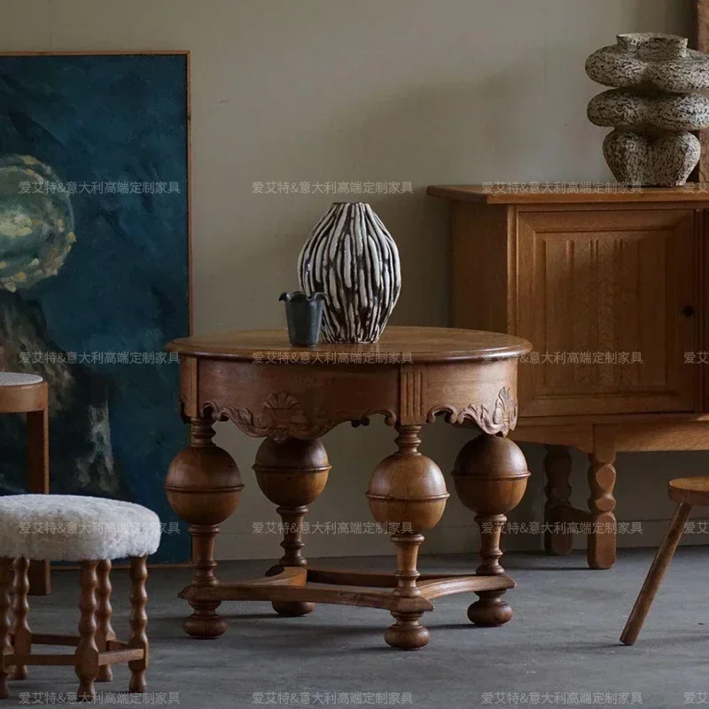 

1184American retro round edge few medieval coffee table European carved round, solid wood bedside table old small side cabinet