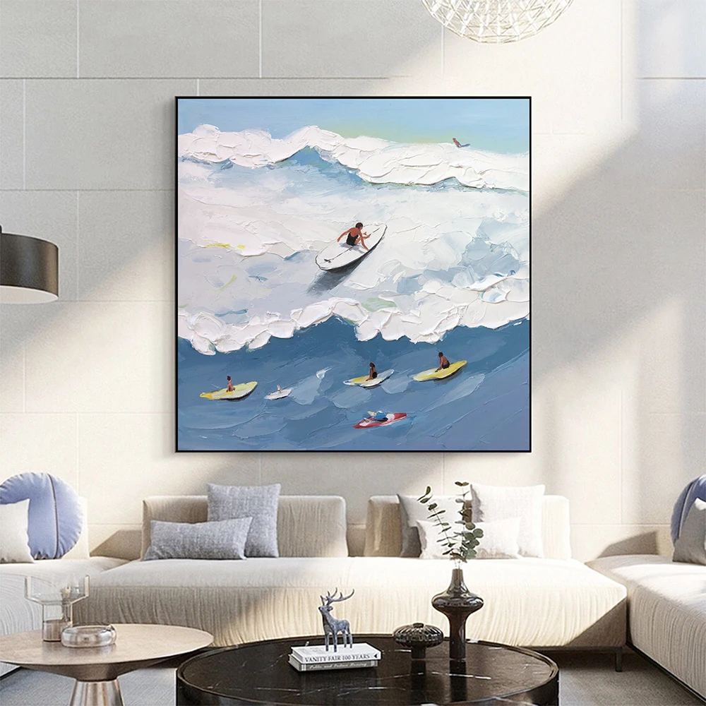 Hand Painted Oil Painting Beach Surfing Painting Original Blue Ocean Surfing Art Framed Wall Art Boho Summer Beach Painting