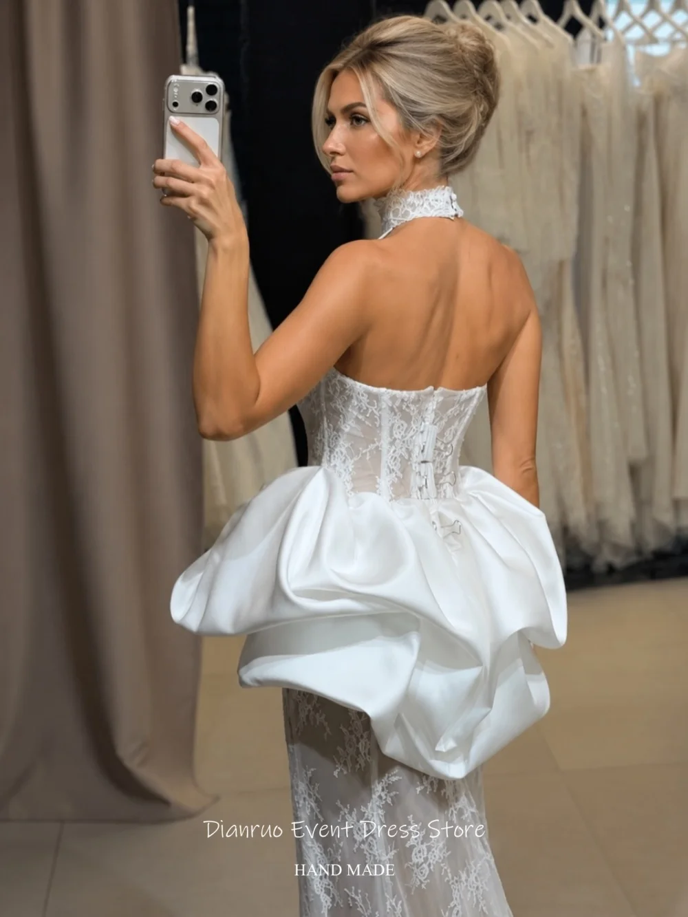 Dianruo High Neck Halter Lace Wedding Dress Satin Bubble Vestido Novia Robe De Mariée Sleeveless свадебные платья Customized