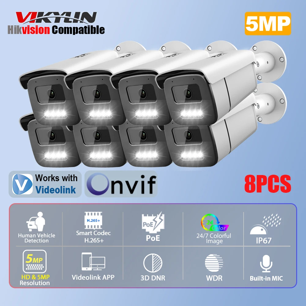 

IP-камера Vikylin 5MP с объективом 3,6 мм, совместимая с Hikvision ColorVU, обнаружение людей с микрофоном, камера видеонаблюдения POE, Onvif IP66