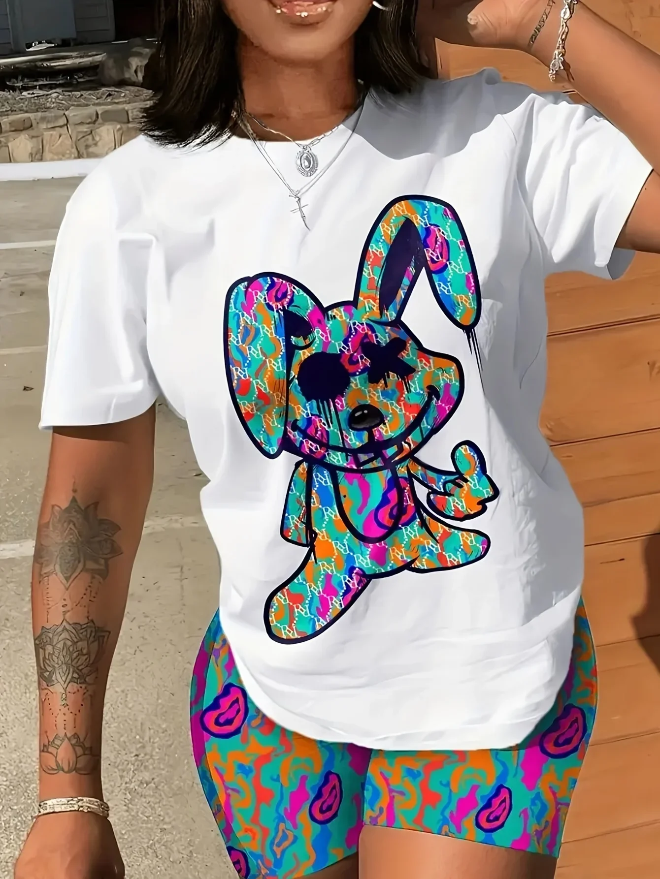 Plus Size Women\'s Cartoon Rabbit Print T-shirt, Casual Crew Neck Short Sleeve Summer T-shirt, Ladies Cute O-Neck Clothing