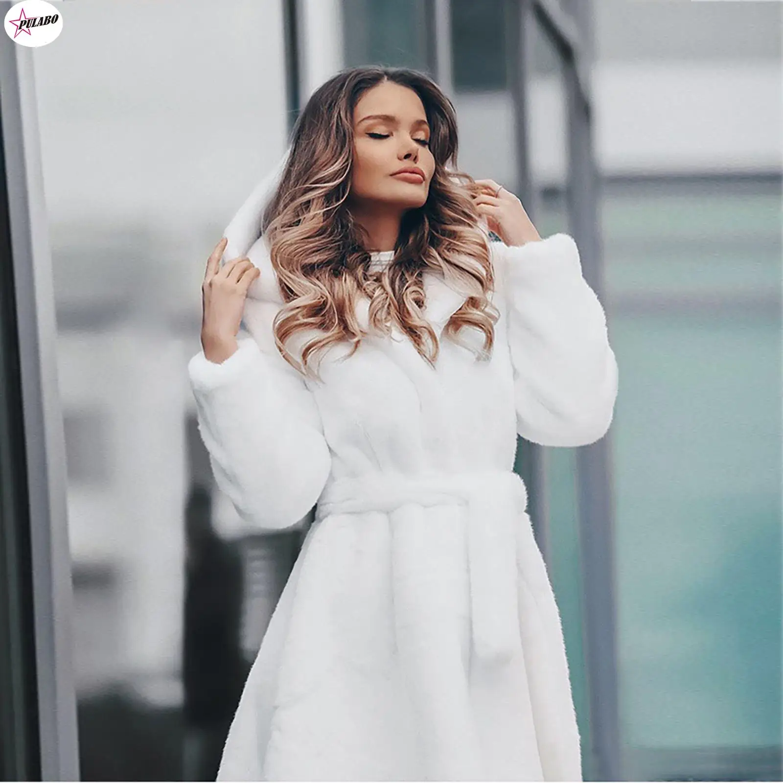 

PULABO Faux Fur Coat Long Winter Thicken White Coat Lace-up Solid Color Slim Long Plush Faux Fur Hooded Warm Jacket Fashion