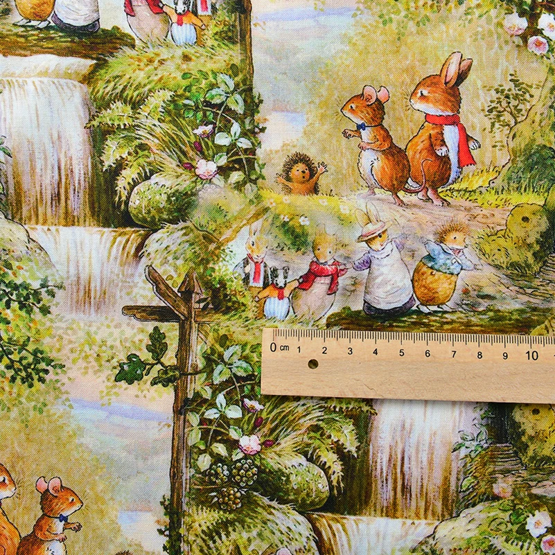 Cotton Fabric Wild Rose Village Cotton Fabric Fox Cartoon Illustration Cotton Fabric Vole Rabbit by Half Meter