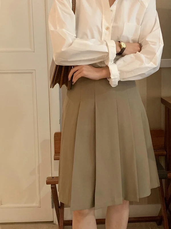 

Khaki Versatile A-Line Skirt Women's High Waist Slimming Small Size Pleated Skirt Commute Sle Mid-Length Other Material