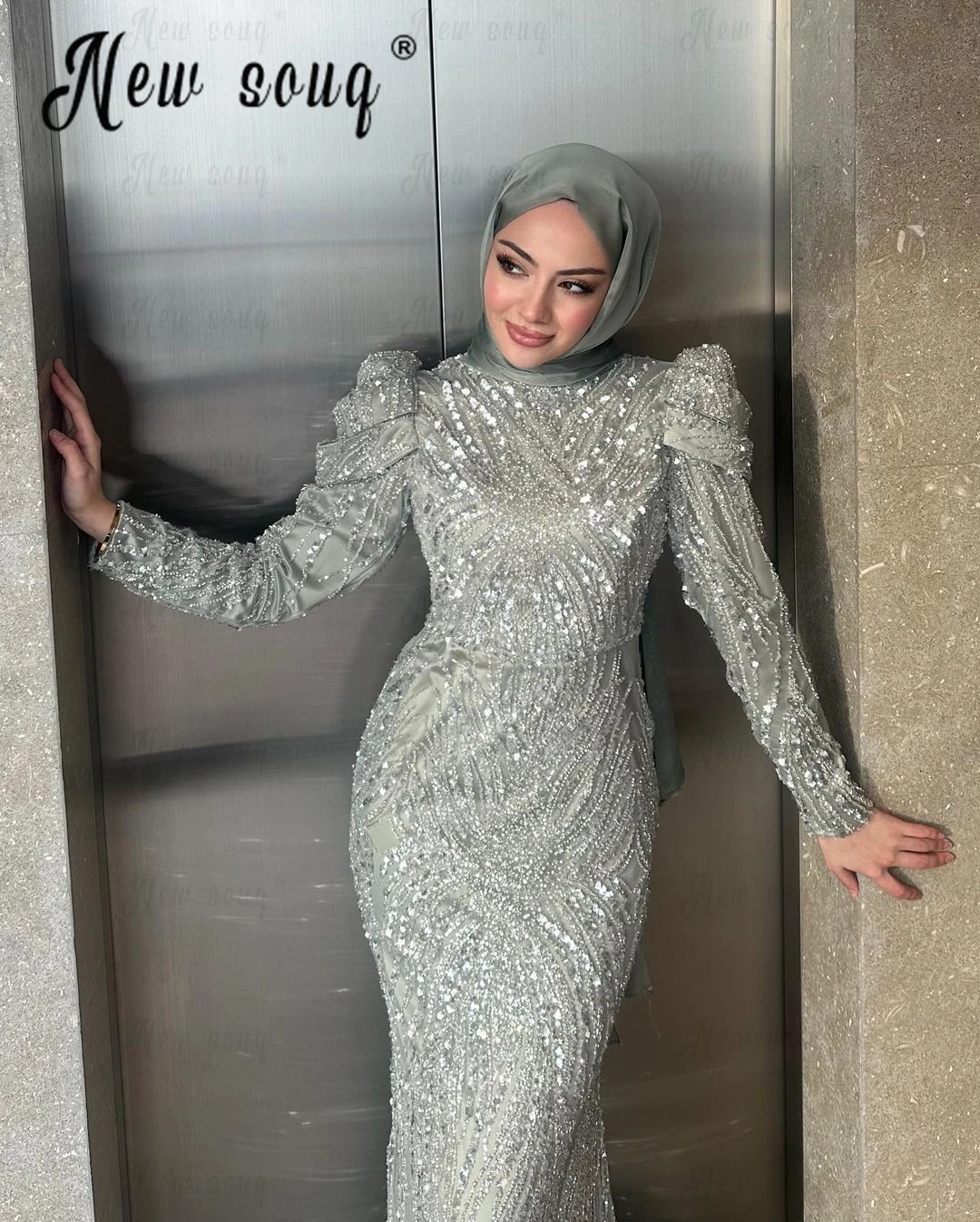 Couture Solid Silver Evening Dress Muslim Arabic Wedding Events Gowns Heavy Beads Long Party Dresses Middle East Prom Gown 2024