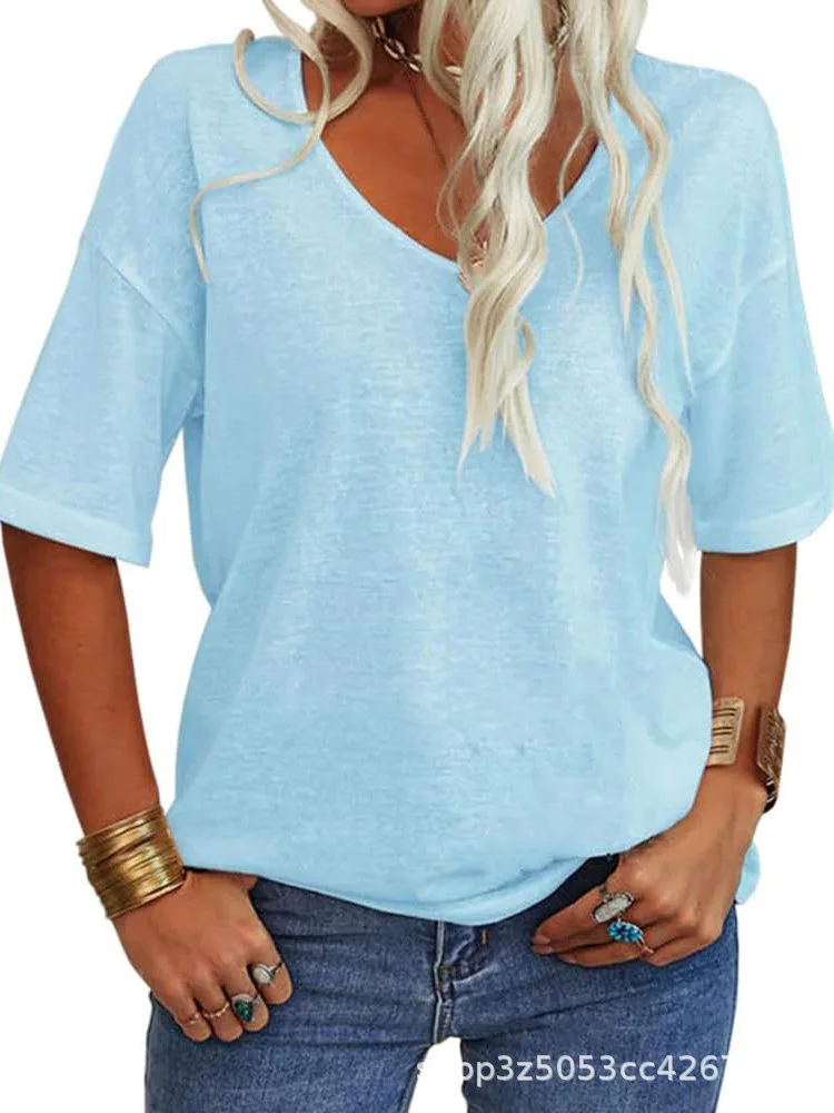 

Women's T T-shirt V Collar Half Sleeve Loose Shirt Casual Solid Color Basic Top