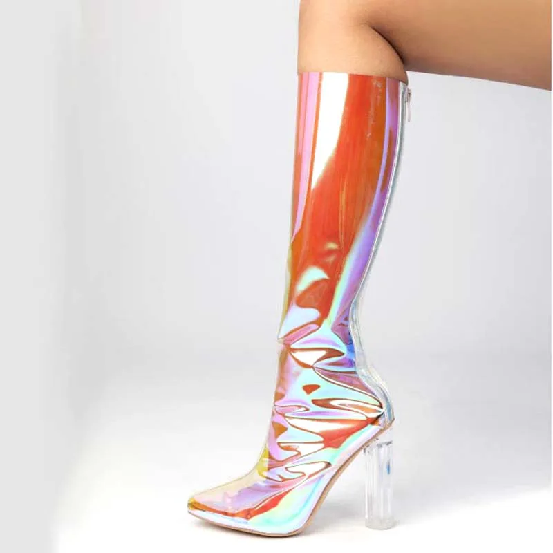 

Women Laser PVC Knee Boots Pointed Toe Hoof Crystal High Heel Transparent Long Boots Female Zipper Boots