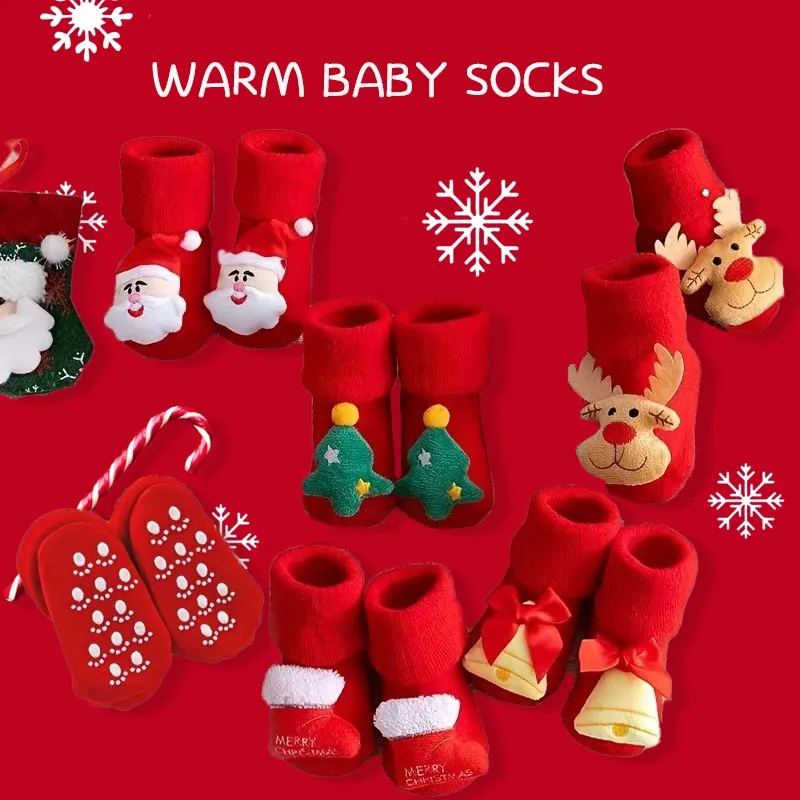 

Baby children's Christmas socks, thick wool circle three-dimensional cartoon cotton socks socks, Christmas wool thick warm red s