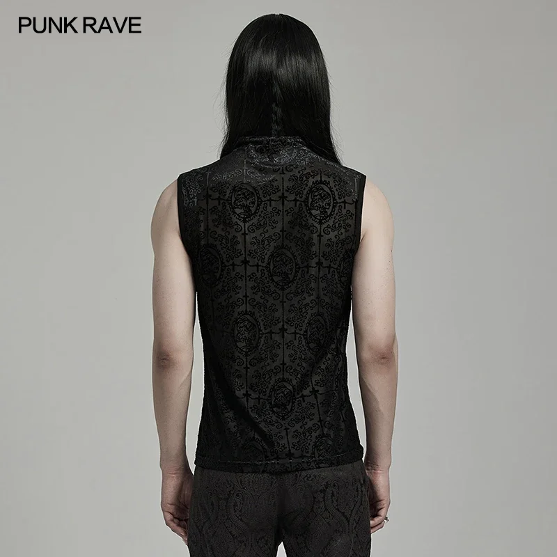 PUNK RAVE Men\'s Gothic Gorgeous Flocked Pattern Mesh Tank Top Minimalist Dark Sexy Handsome Tops Streetwear Summer