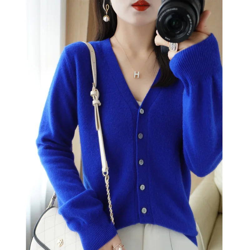 

Hot selling spring/summer knitted cardigan jacket women's long sleeved short V-neck solid color button sweater