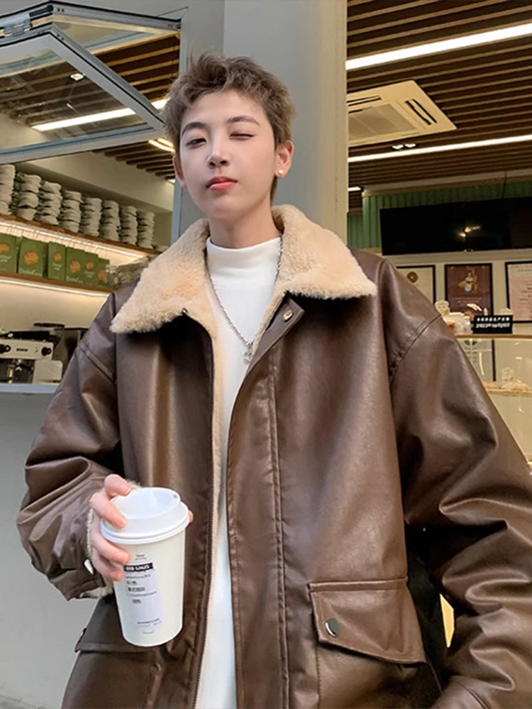 

Мужская куртка-косуха в американском ретро-стиле из коричневой овчины с ультратолстой искусственной кожей, теплая, однотонная, с воротником-стойкой