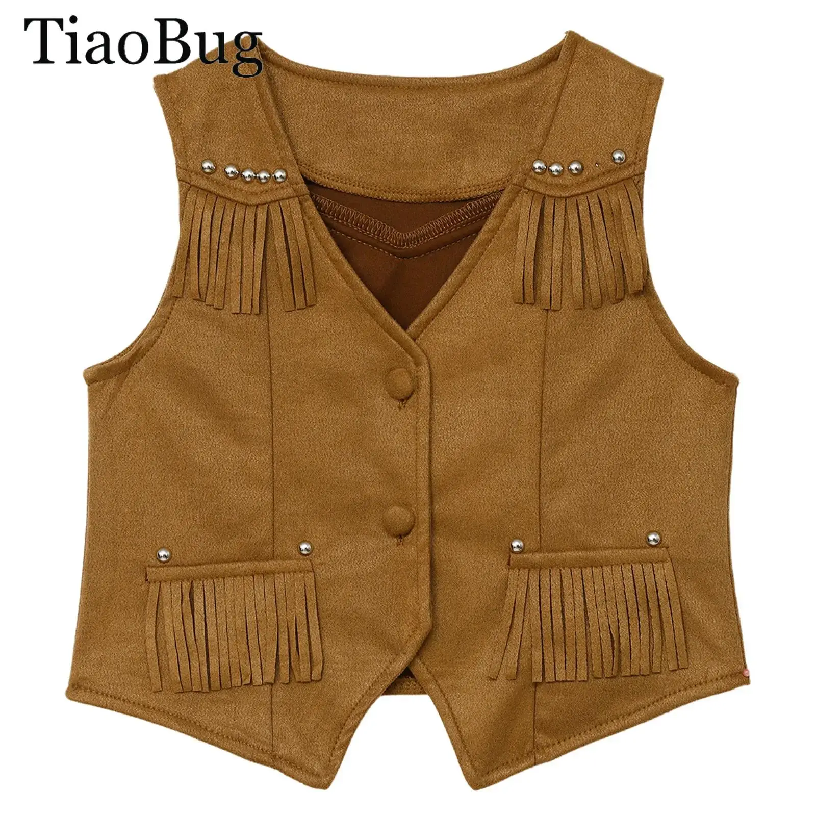 

Boys Girls Halloween Western Cowboy Cosplay Costume Vintage 70s Hippie Faux Suede Tassels Waistcoat Vest Carnival Fancy Dress Up